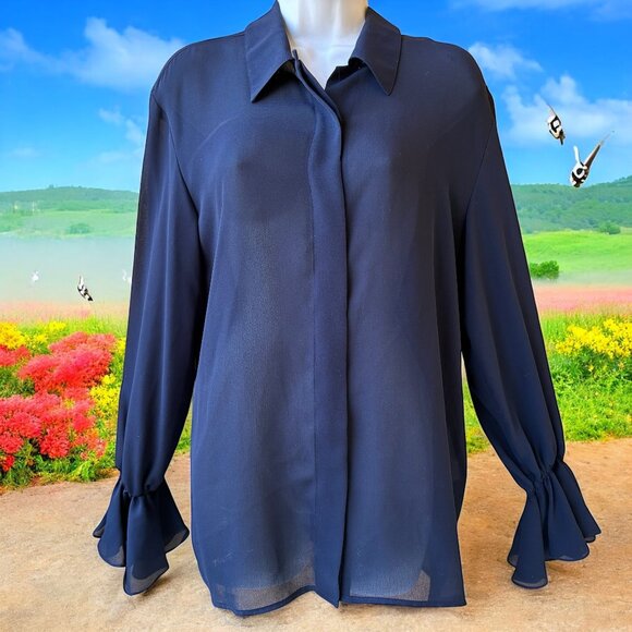 ANNE KLEIN A LINE Vtg USA Blouse Shirt Navy Blue Button Up RUFFLES Womens Medium - Picture 16 of 16